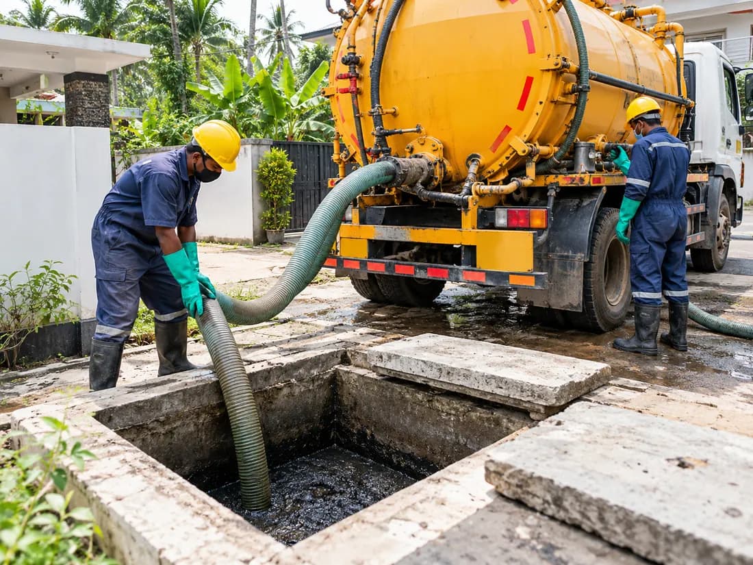 Clean Hub tanker lorry pumping sludge out of an underground tank with a suction hose